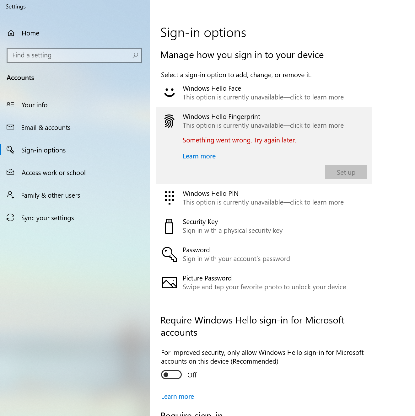 Windows hello face shows 