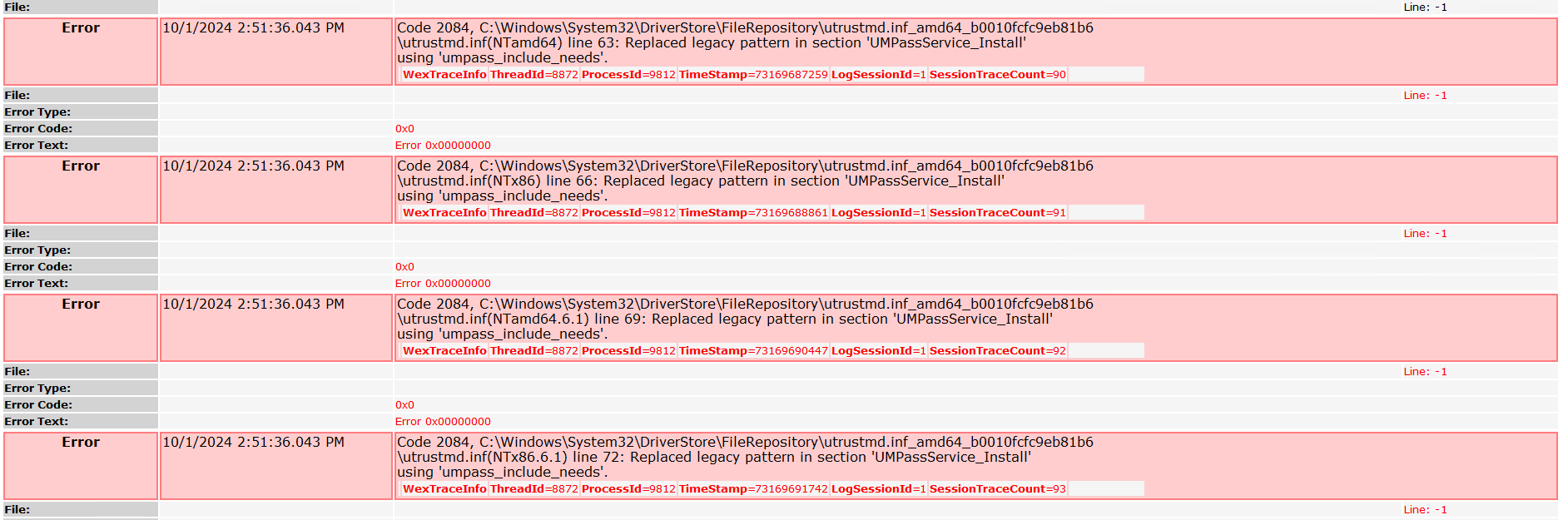 What is Replaced legacy pattern in section UMPassService_Install using ...