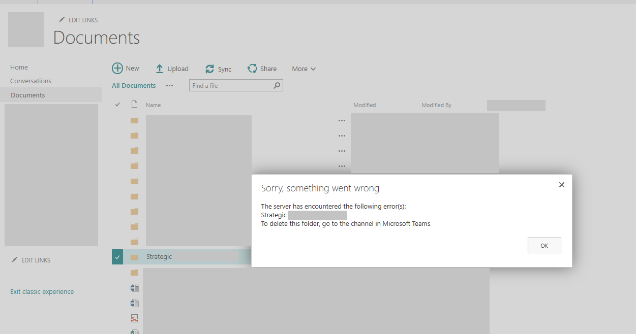Unable to delete SharePoint folder. This doesn't have a Teams channel ...
