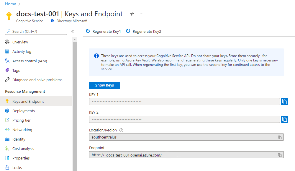 Screenshot of the overview UI for an OpenAI Resource in the Azure portal with the endpoint & access keys location circled in red.
