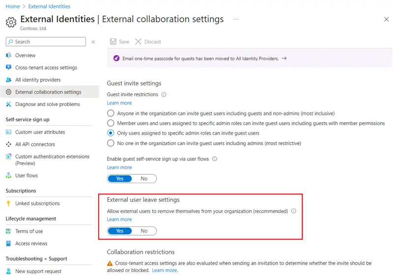 Screenshot showing the external user's leave settings in the portal.