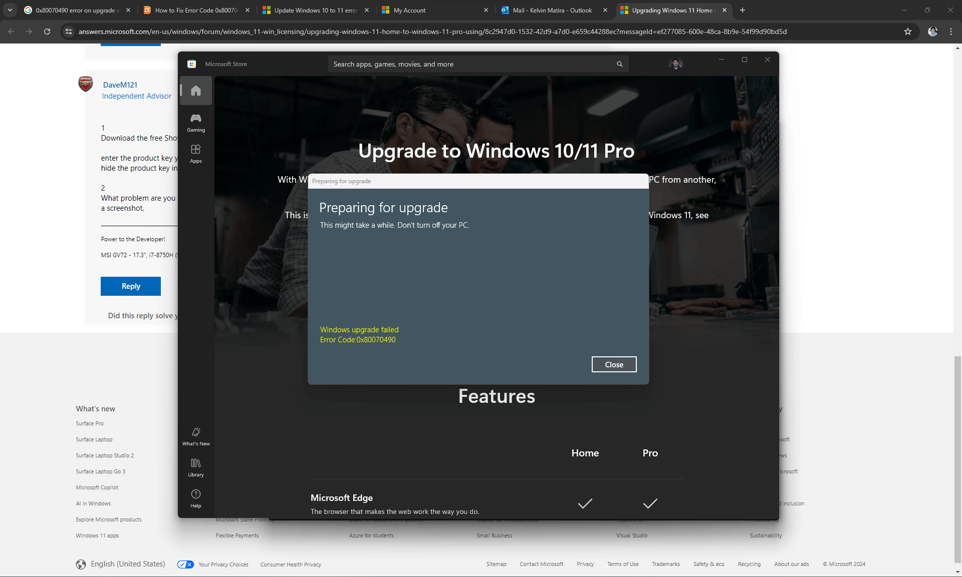 Upgrading Windows 11 Home to Windows 11 Pro using product key error ...