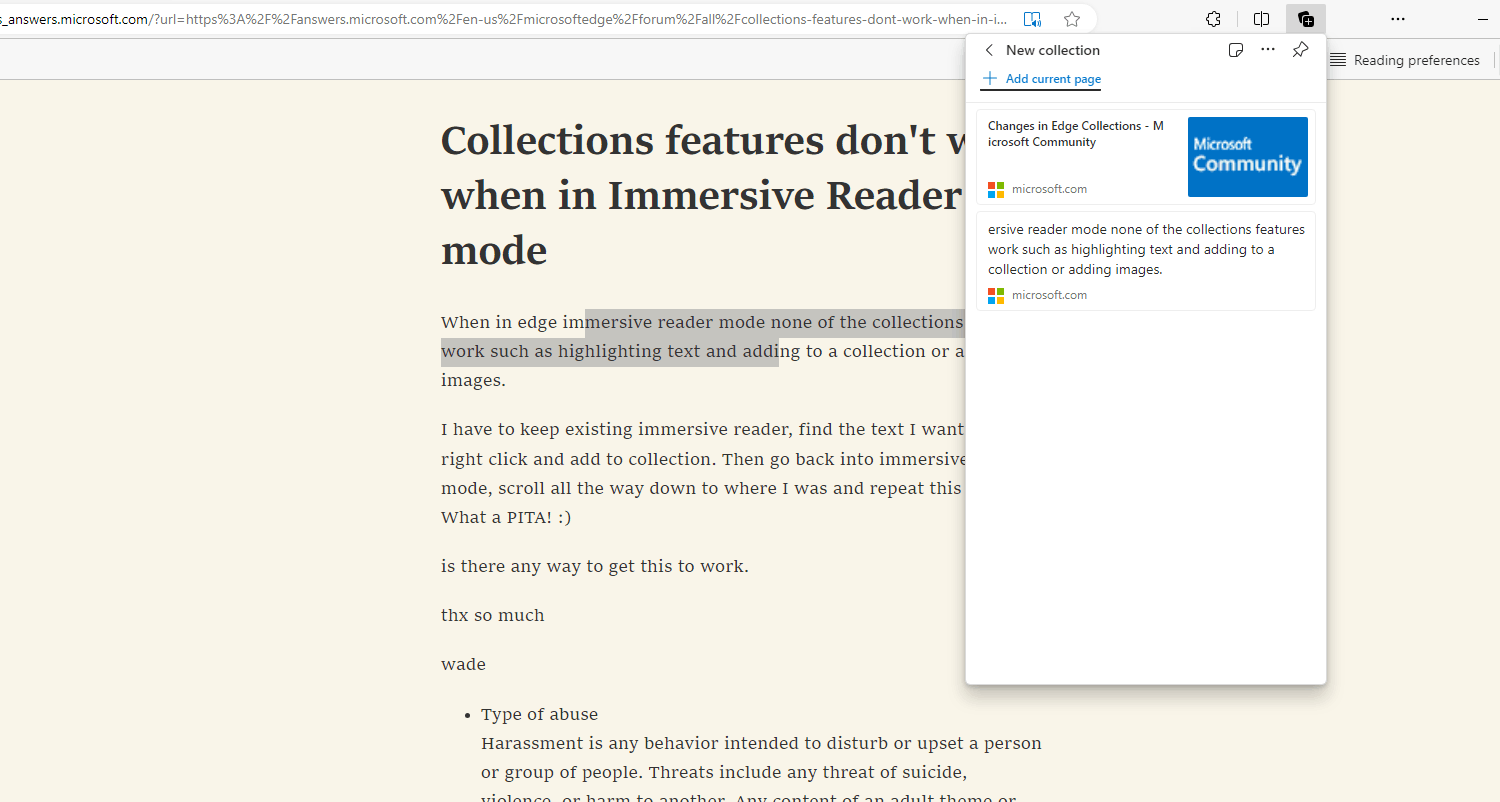 Collections features don't work when in Immersive Reader mode ...