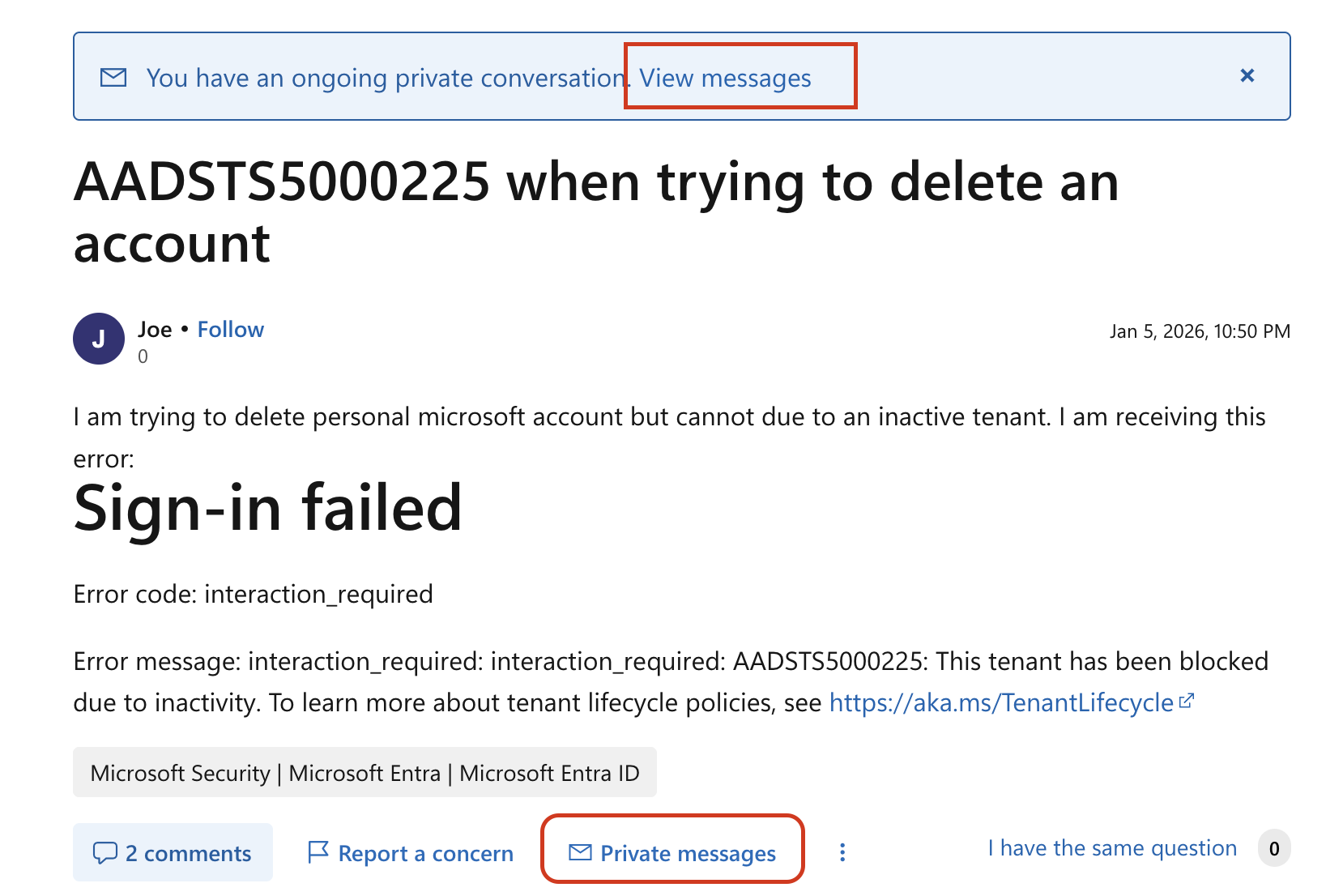 AADSTS5000225 when trying to delete an account - Microsoft Q&A