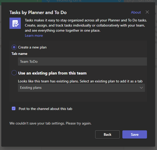 Can't add Tasks to team channel - Microsoft Q&A