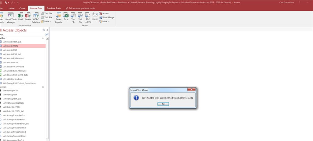 Import From Excel into Access ERROR - can't find DLL entry point ...