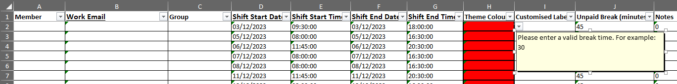 MS Shifts excel Import Template errors for wrong data in columns ...