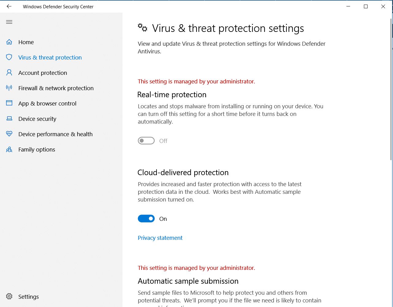 windows defender Real-time protection This setting is managed by your ...