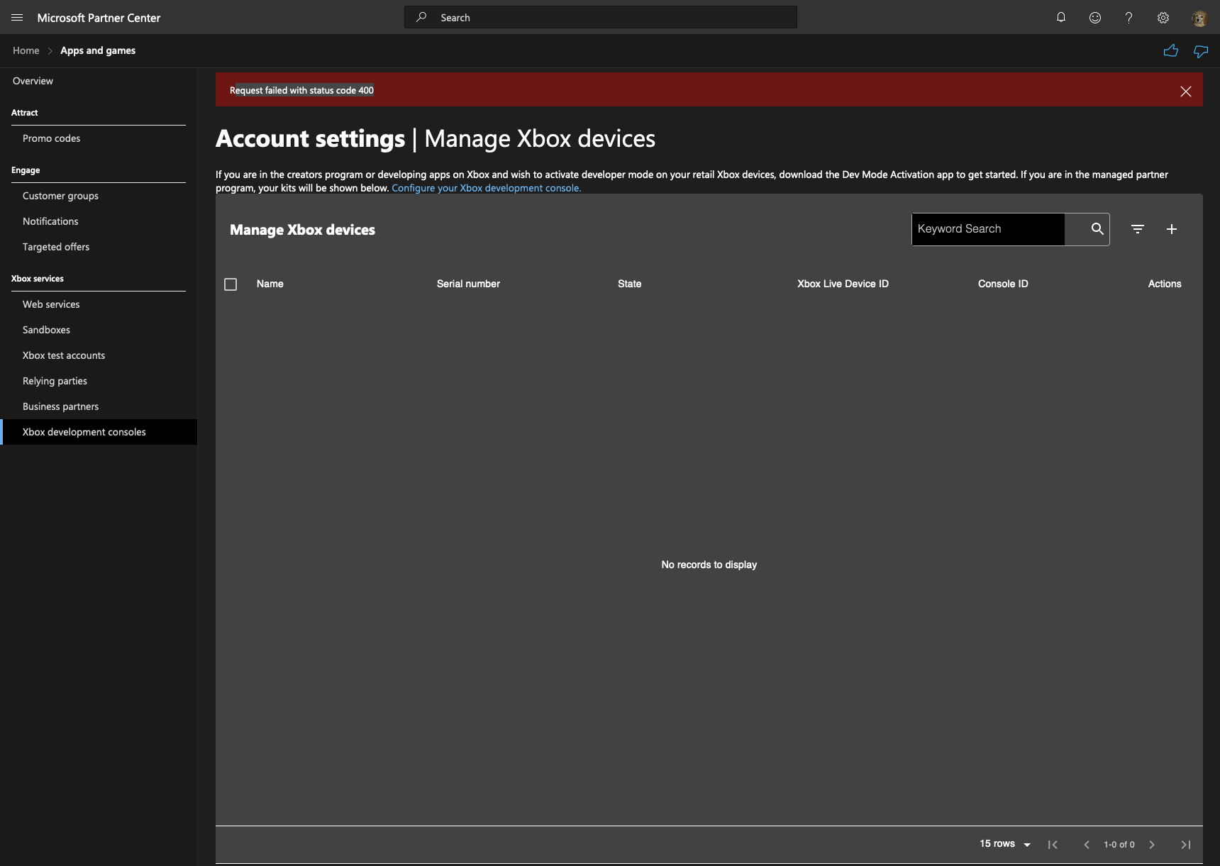 Request failed with status code 400 when trying to register an xbox as