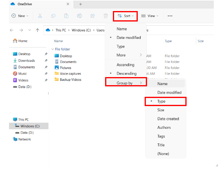 How can I change the file sorting to file type across multiple folders ...