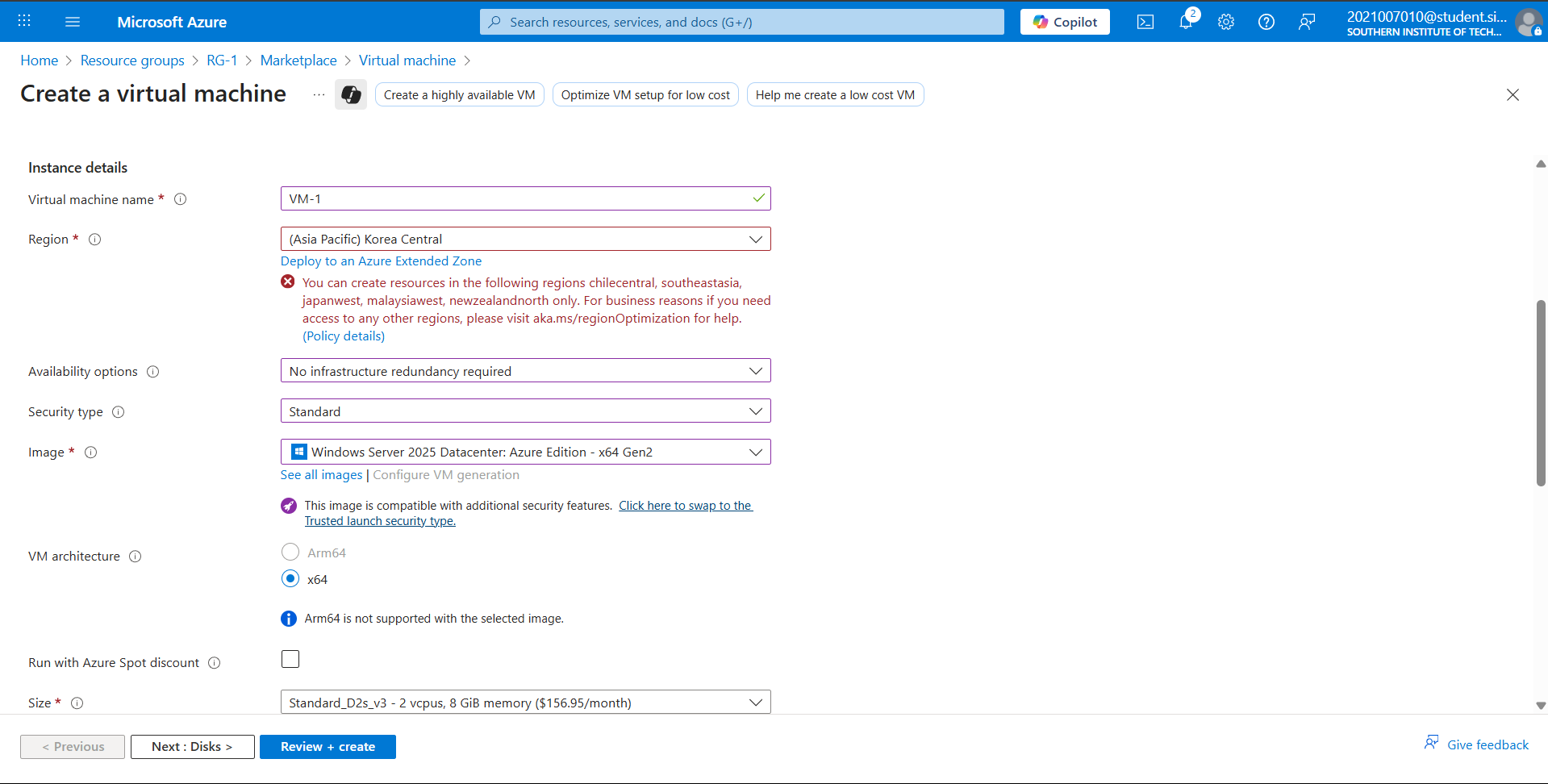 Unable to make a VM - Microsoft Q&A