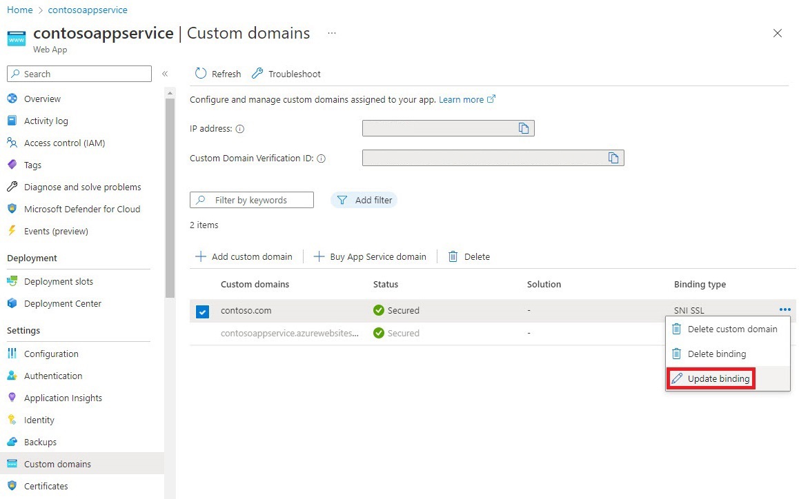 azure app service custom domain update binding PUBLIC