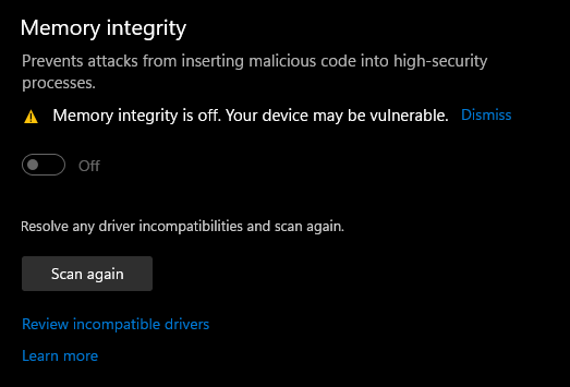Cannot turn on Memory Integrity in settings - Microsoft Q&A
