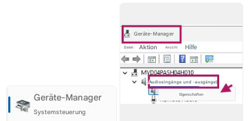 Geräte-ManagerDateiAktionAnsichtHilfeMVD04PASH04H010Audioeingänge und -ausgängeEigenschaftenGeräte-ManagerSystemsteuerung