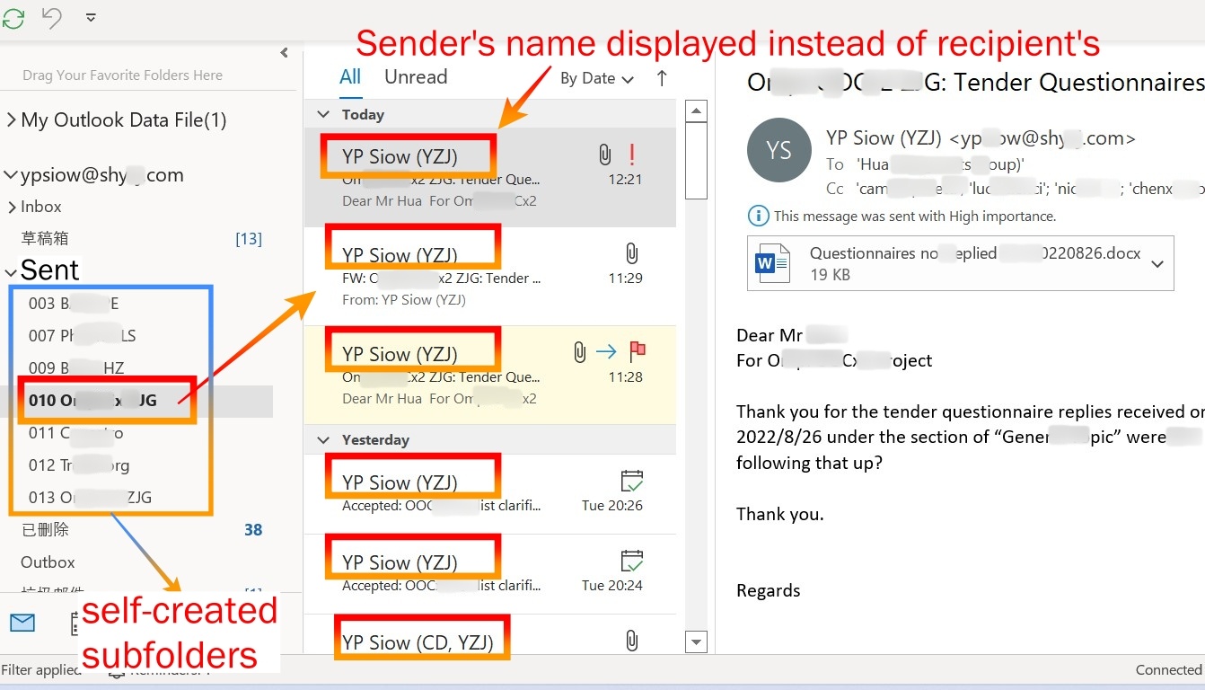 Emails list in sub-folders of Sent Folder displays sender's name (me ...