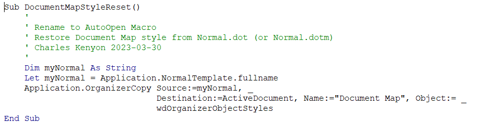 Word 2003 Document Map style became small - I changed the style back ...