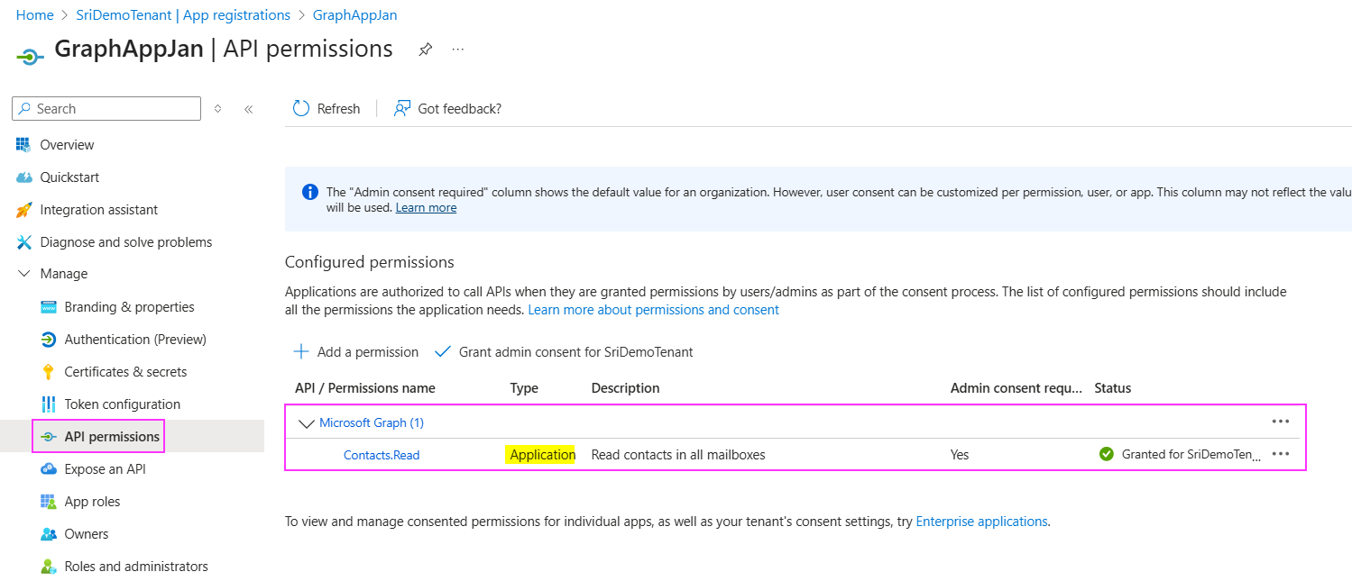 Errors when attempting to access user contact Graph API endpoint ...