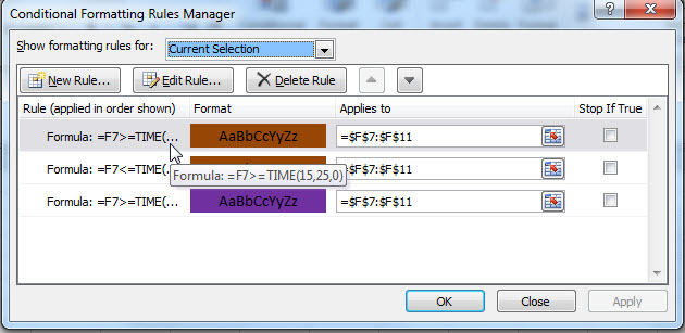 Conditional formatting inside and outside of time range - Microsoft Q&A