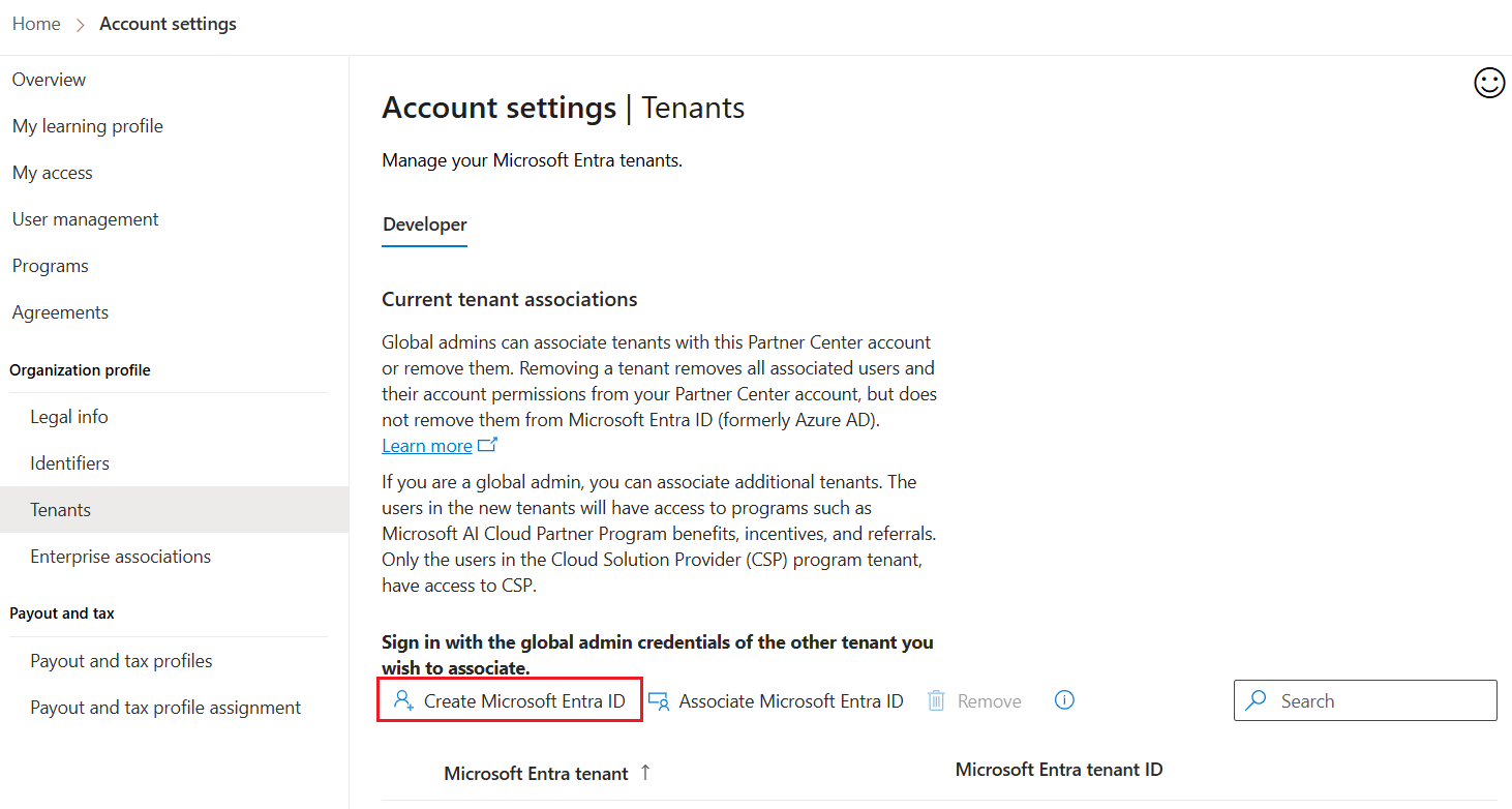 Screenshot showing option to Create new Microsoft Entra ID from the Partner Center Tenants settings.