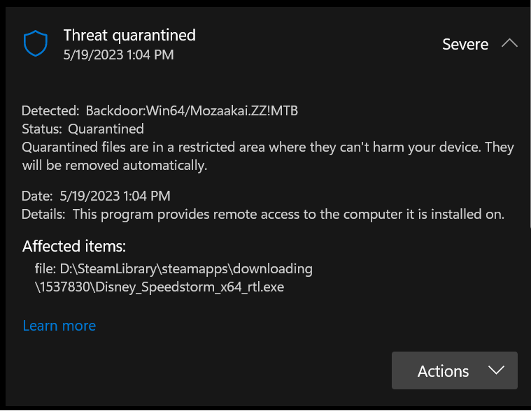 Windows Defender Flags this Game for Backdoor Virus : r/DisneySpeedstormGame