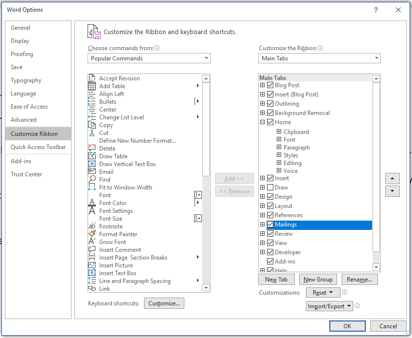 Customize ribbon in toolbar - cannot find it (Mailings Tab is missing ...