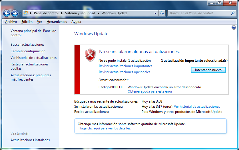 Error 8000FFFF Windows Update Windows 7 - Microsoft Q&A