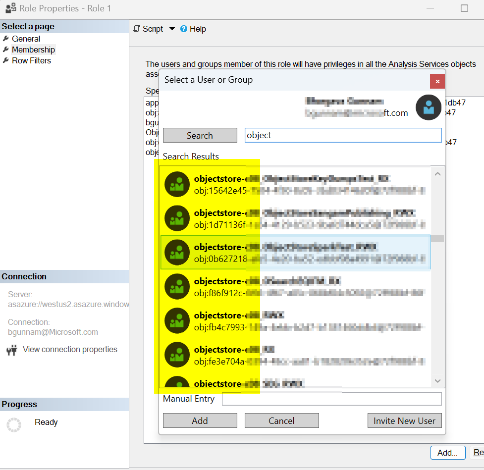 Only the role Object ID is displayed in the tabular model's Role list ...