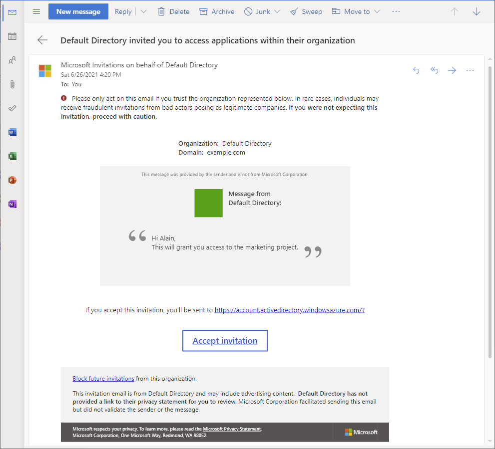 Screenshot of external user invite email.