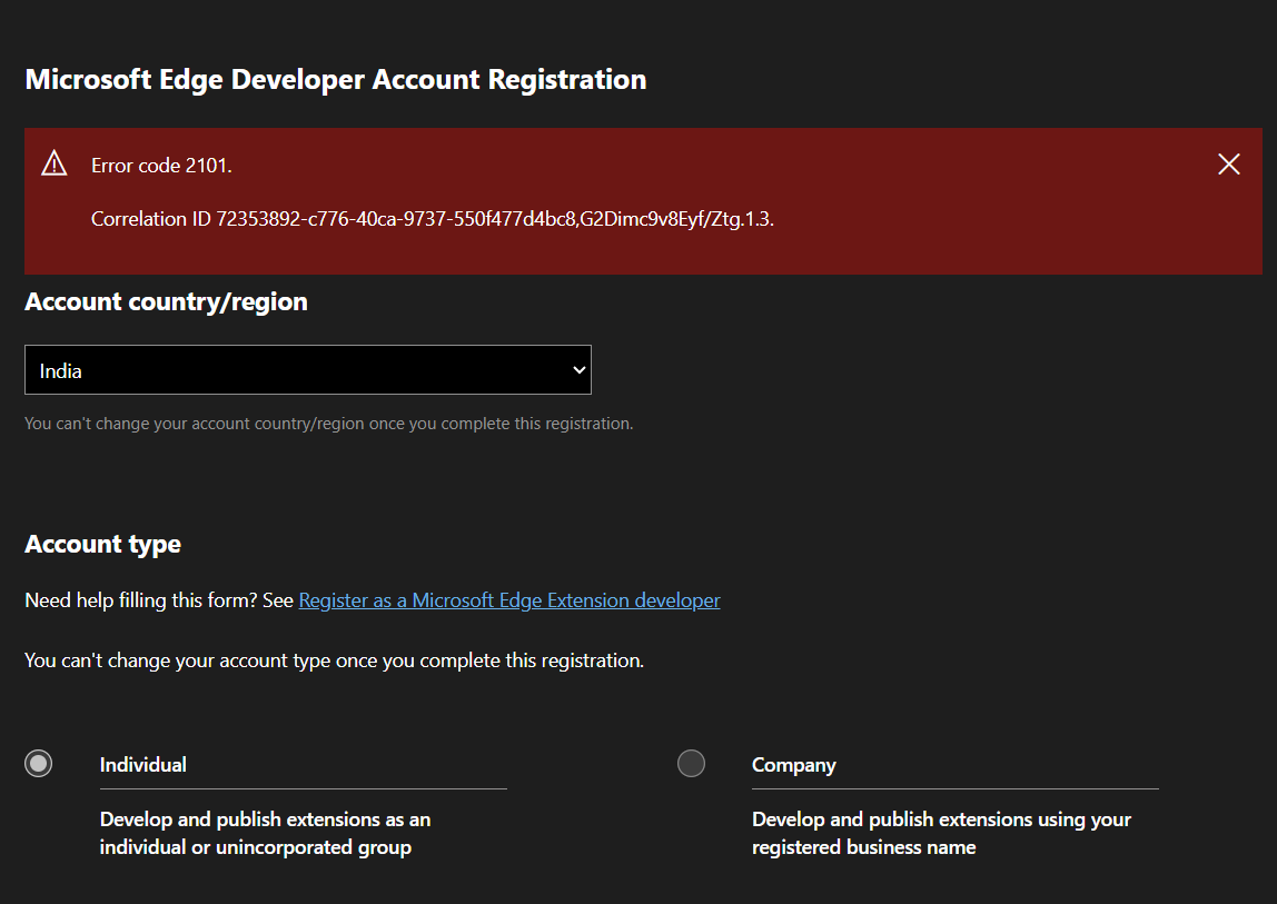 How To Proceed For Microsoft Edge Developer Registration? Getting Error 