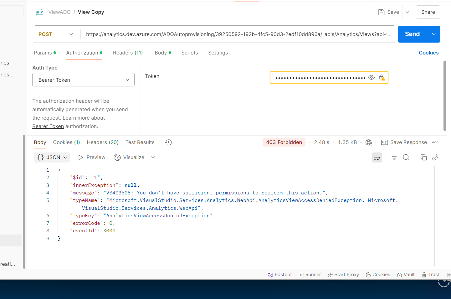 Unable to add Queries and Views in Azure Devops Project using service ...
