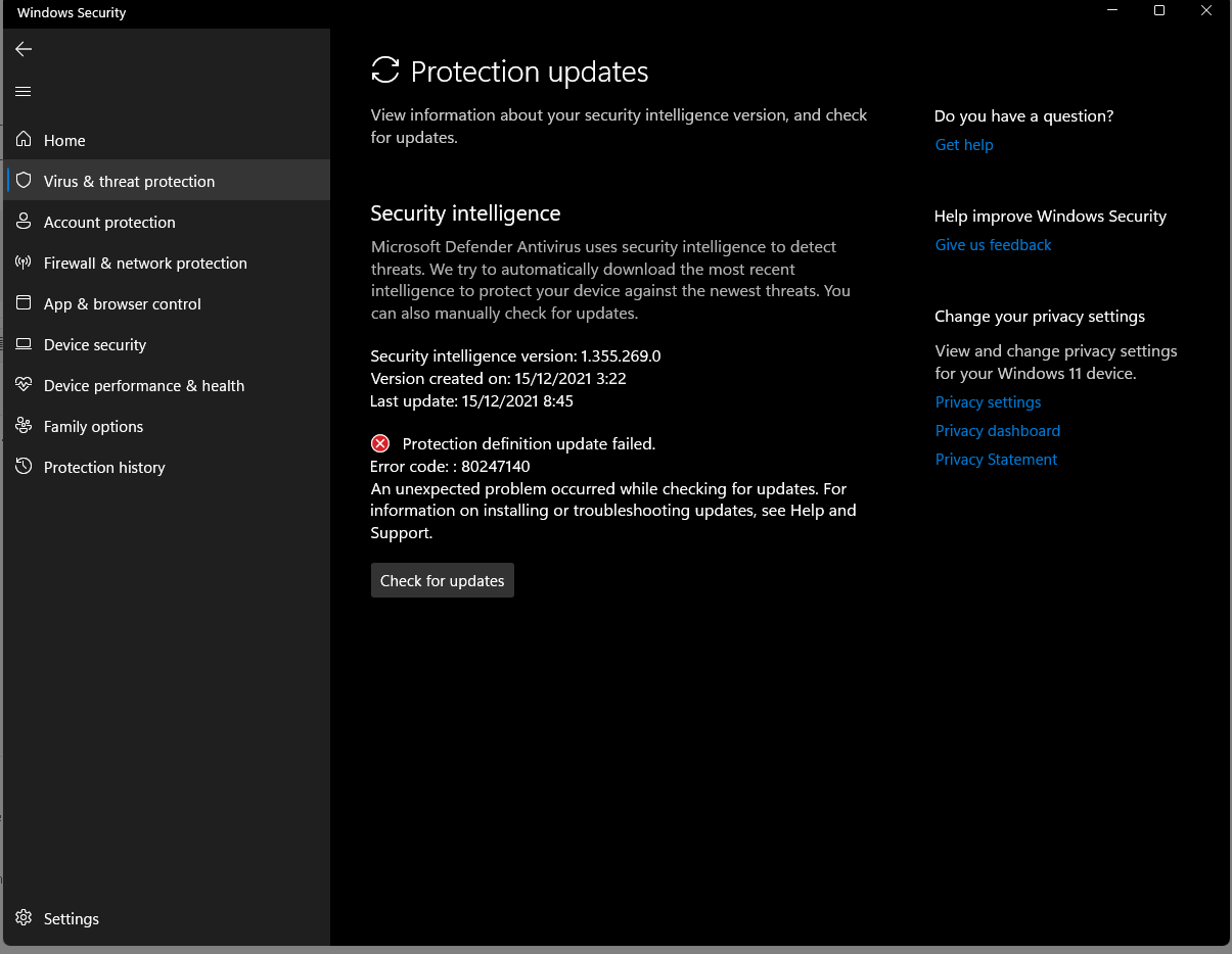 Cant Update Windows Protection code 80247140 - Microsoft Q&A
