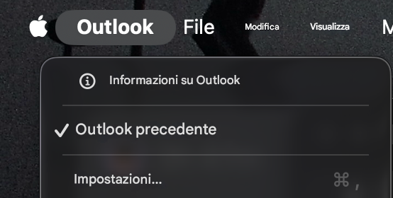 OutlookFileModificaVisualizzaMⓘInformazioni su OutlookOutlook precedenteImpostazioni...
