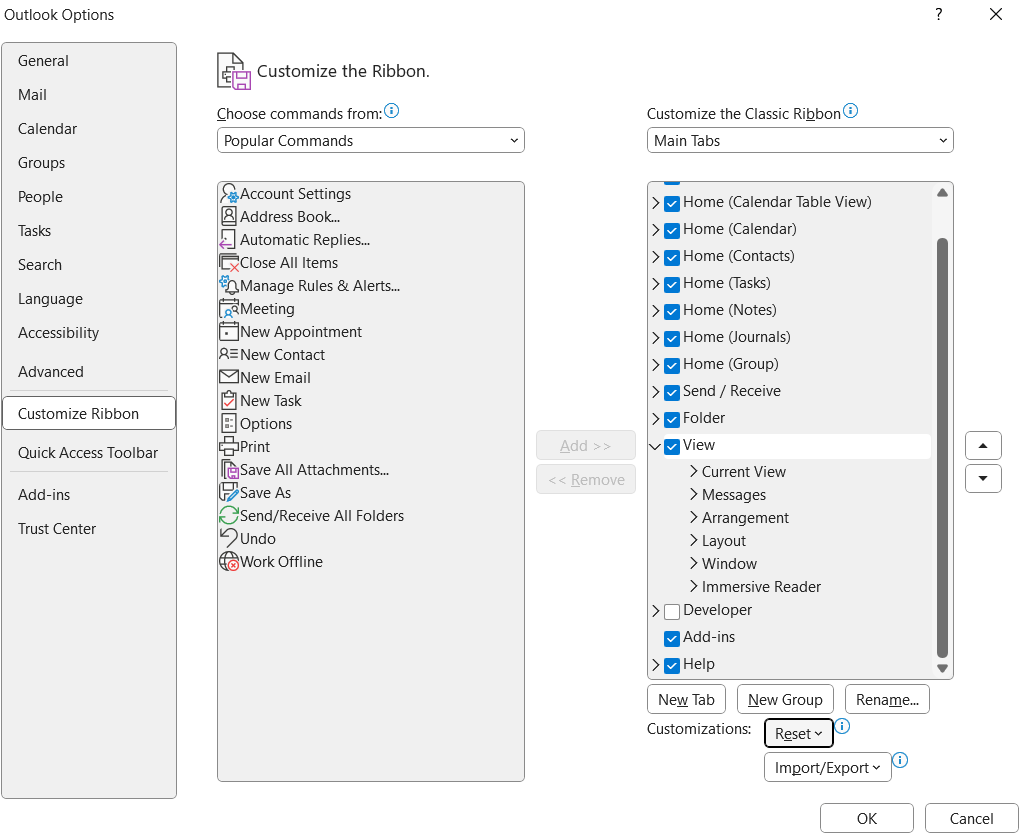 Outlook resizing with missing menu bar ot top section and a blank small ...