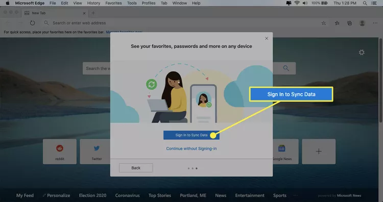 Edge with the Sign In to Sync Data button highlighted