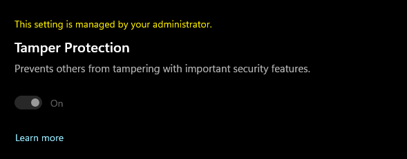 Tamper protection : This setting is managed by your adminstrator ...