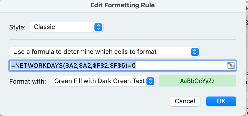 conditional format Holidays/weekends with different colors - Microsoft Q&A