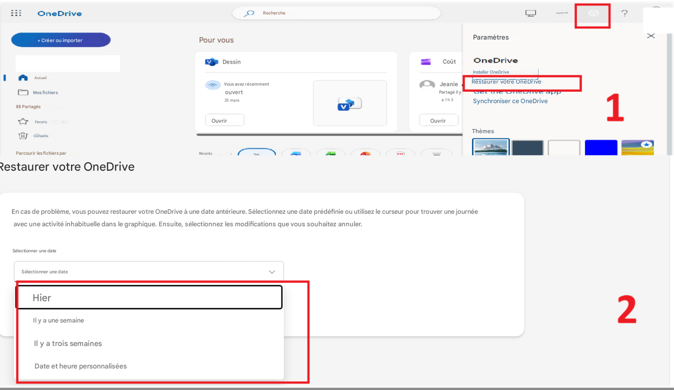 OneDriveRecherche+ Créer ou importerPour vousAccueilMes fichiers88 PartagésFavorisCorbeilleDessinVous avez récemment ouvert25 marsOuvrirCoûtJeaniePartagé il y a 1 h 3OuvrirOneDriveInstaller OneDriveRestaurer votre OneDriveSynchroniser ce OneDrivecapp1Parcourir les fichiers parRécentsTousParamètresMarchandises?ThèmesRestaurer votre OneDriveEn cas de problème, vous pouvez restaurer votre OneDrive à une date antérieure. Sélectionnez une date prédéfinie ou utilisez le curseur pour trouver une journée avec une activité inhabituelle dans le graphique. Ensuite, sélectionnez les modifications que vous souhaitez annuler.Sélectionner une dateSélectionner une dateHierIl y a une semaineIl y a trois semainesDate et heure personnalisées2X