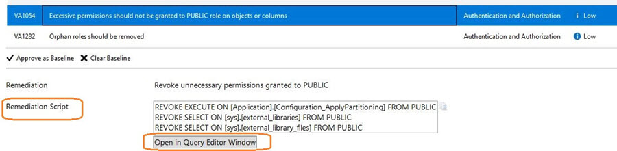 SSMS Vulnerability Assessment report - remediation script