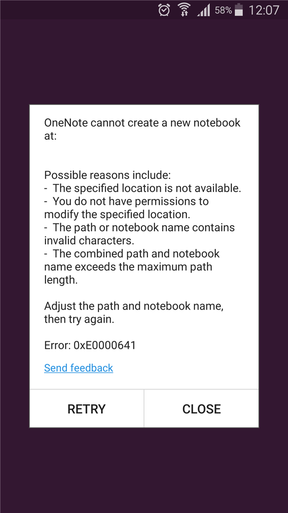 Error: 0xE0000641 for Android version of OneNote - Microsoft Q&A