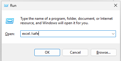 Run × Type the name of a program, folder, document, or Internet resource, and Windows will open it for you. Open: excel /safe| V OK Cancel Browse ...