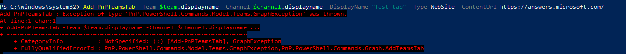 Error when trying to create new tab in MS Teams channel with Powershell ...