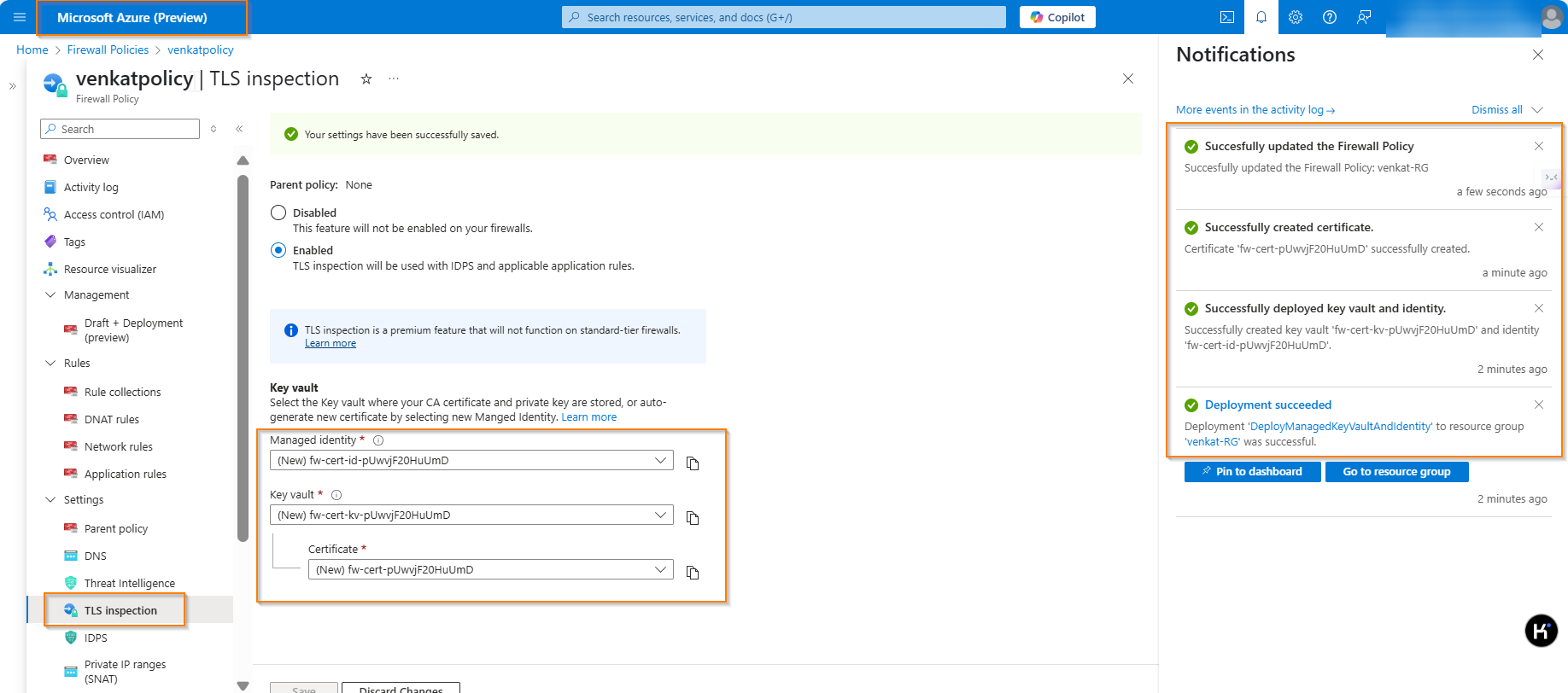 Azure Firewall Premium における TLS 検査 で証明書の自動生成ができない - Microsoft Q&A