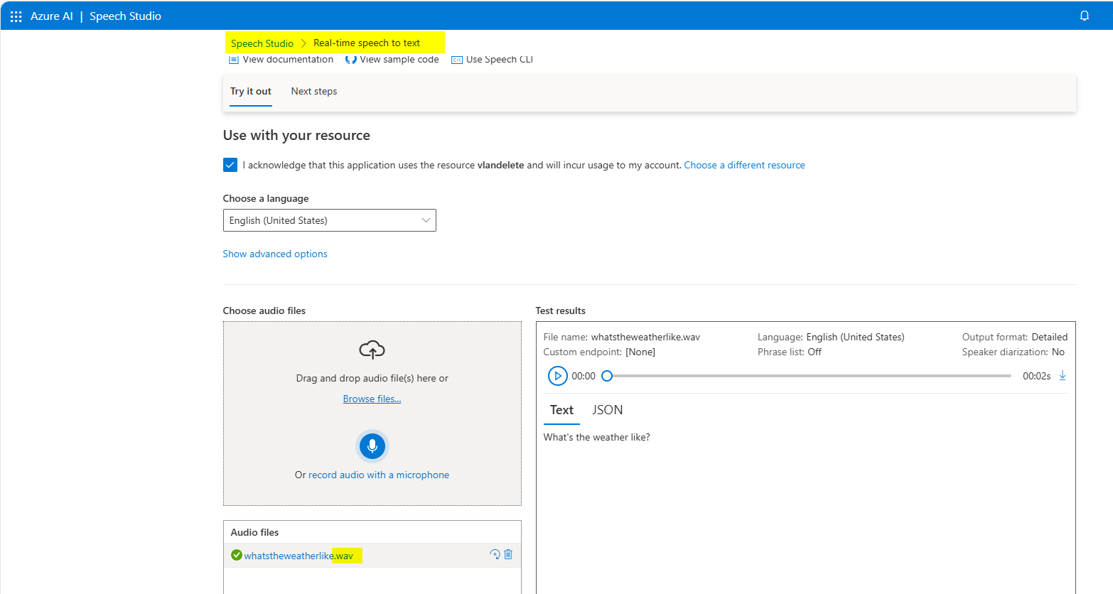 Azure AI Studio - Speech to text - Unable to contact server. StatusCode ...