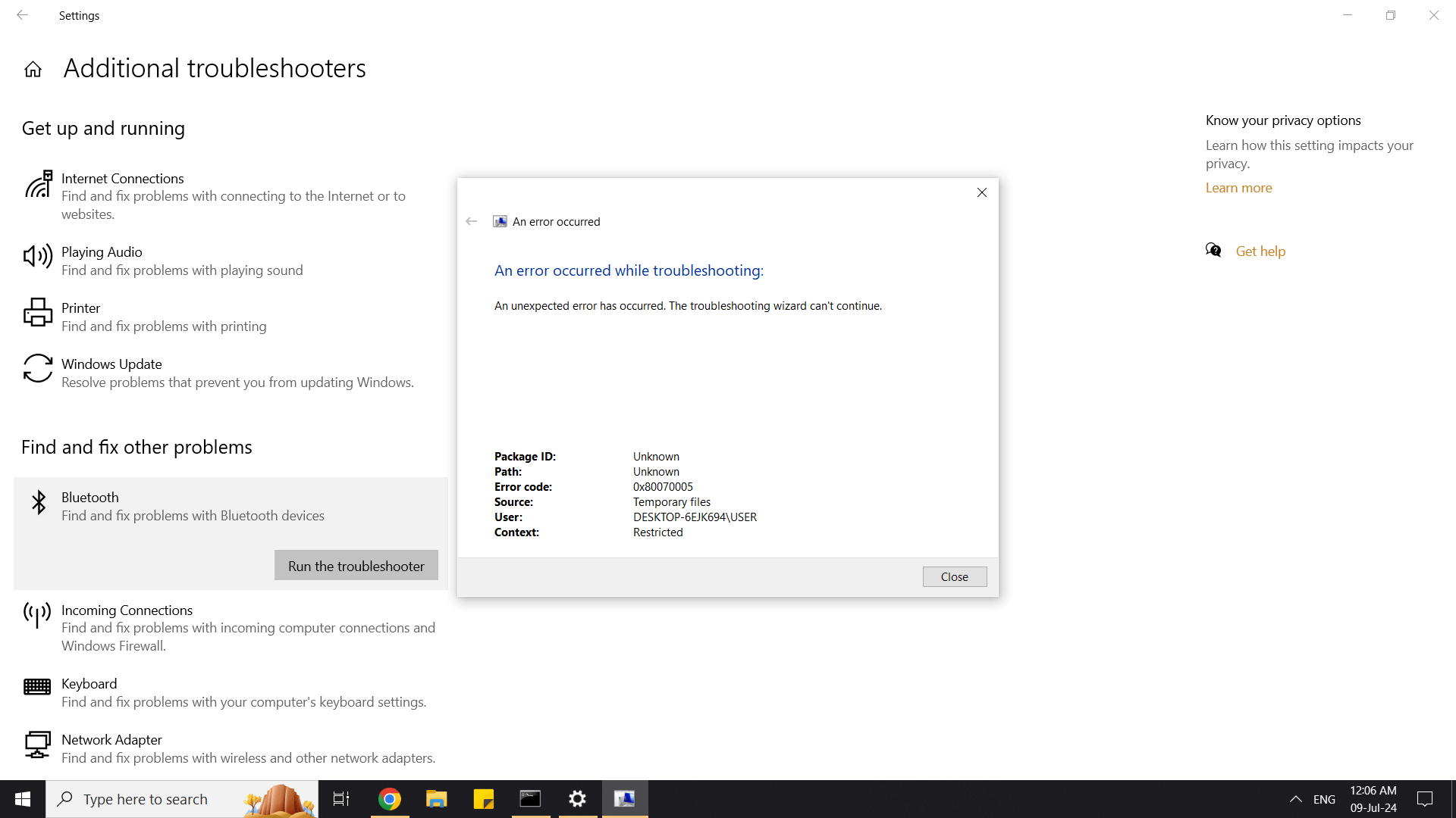 I can't run troubleshooter and this is the error message (error code ...