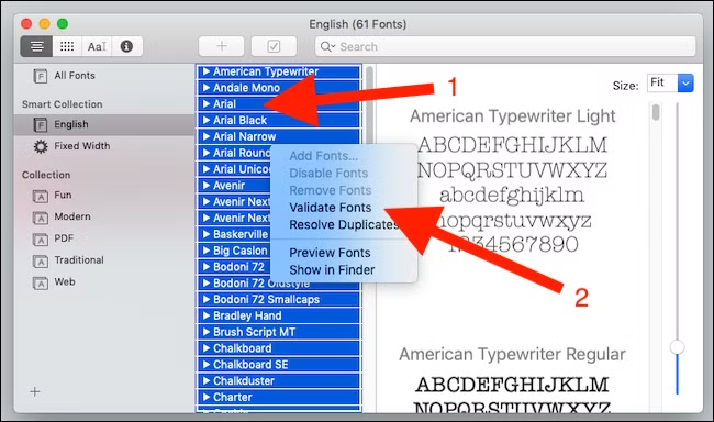 Right click a font and click validate fonts
