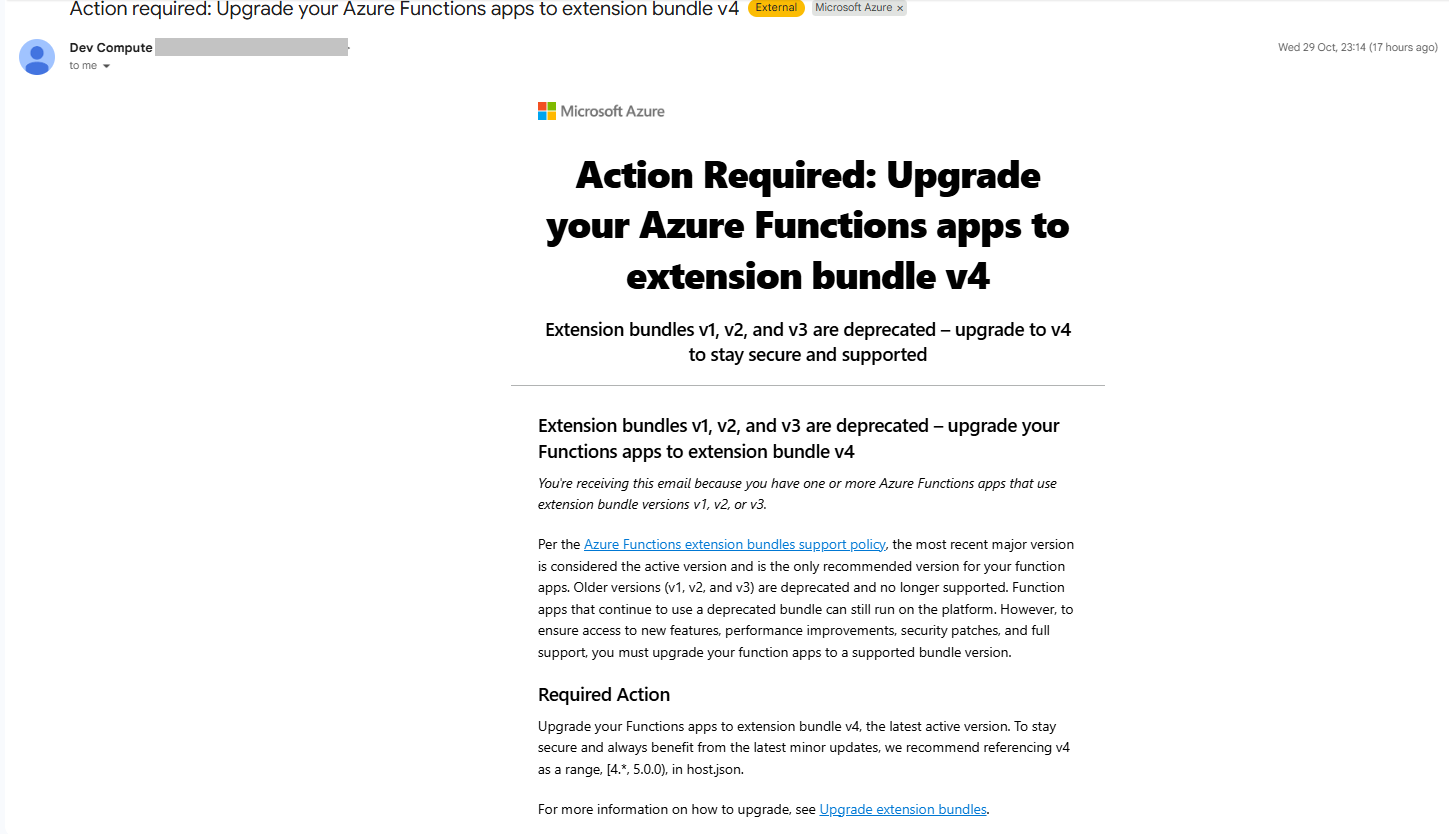 Email From Dev Compute?: Action Required: Upgrade your Azure Functions ...