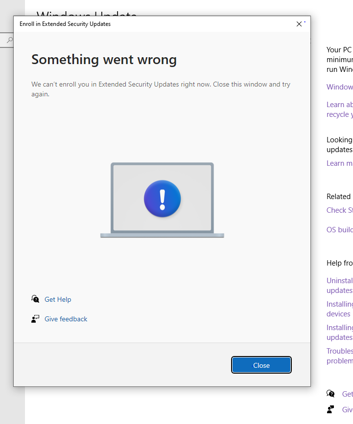 error message for windows 10 extended security updates registration ...