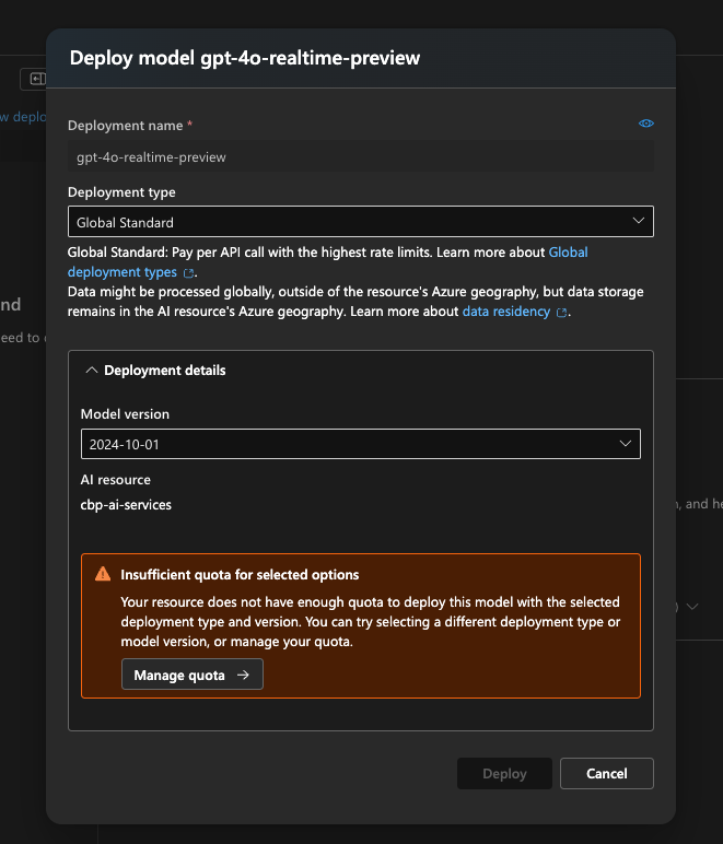 Always getting no available quota error for Azure openai realtime api ...