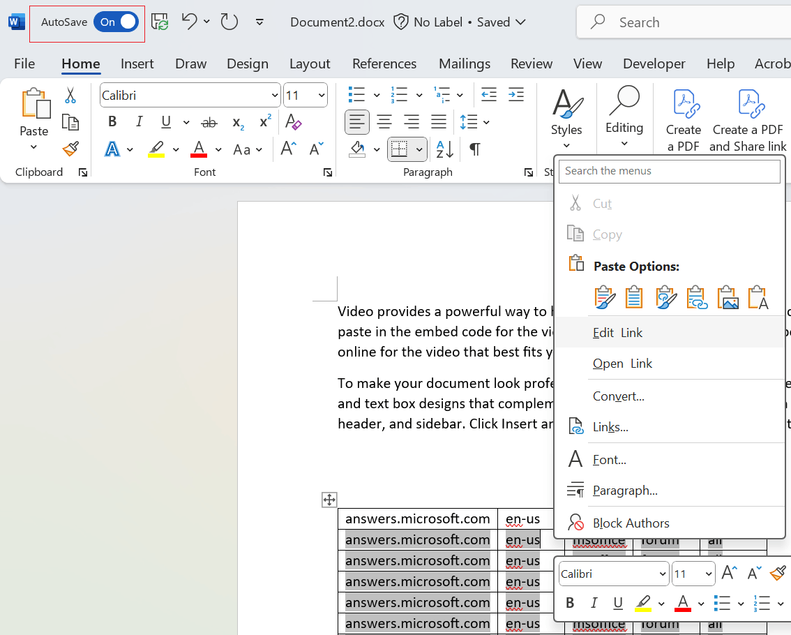 Autosave disables in word every time I link an xcel spreadsheet ...