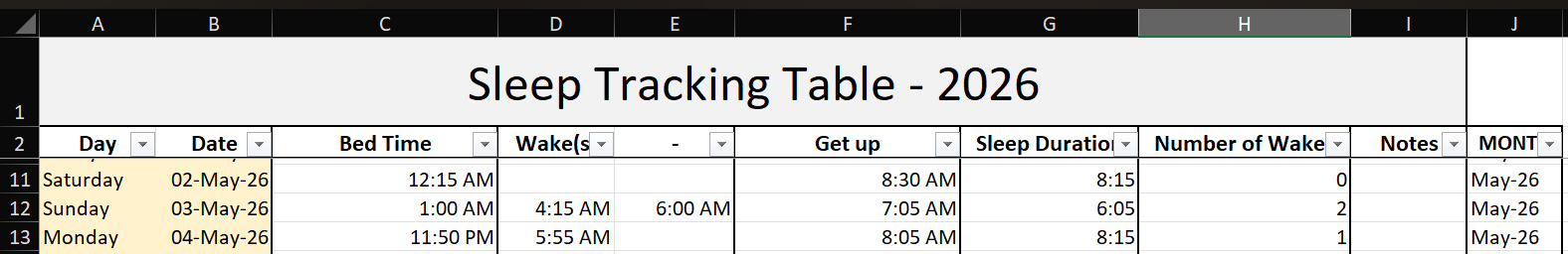 Excel - Sleep Log